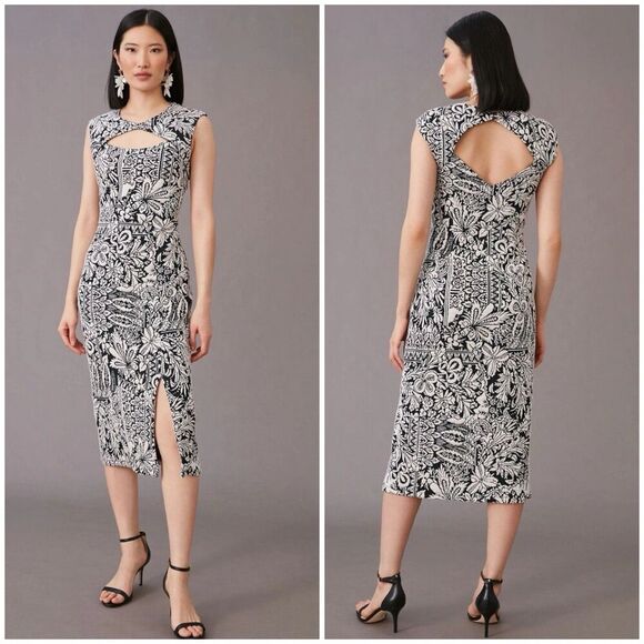 Anthropologie Black White Jacquard Cut Out Slit Midi Dress Size XS Party Formal - Picture 1 of 14